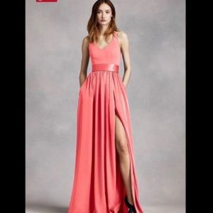 VERA WANG V Neck Halter Gown with Sash